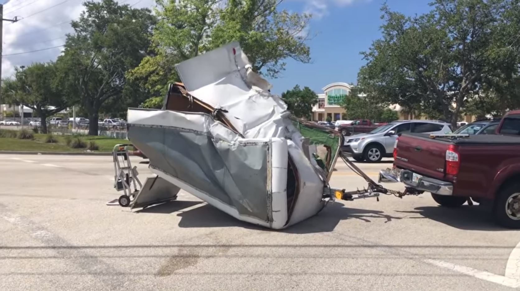 A mangled trailer that was struck by a fire apparatus in Nokomis, FL, on Tuesday, June 19, 2018.