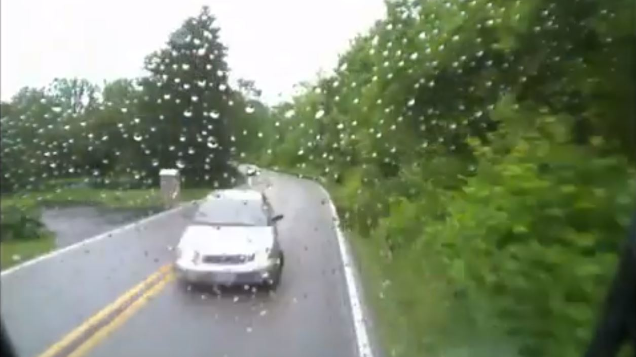 This image from video captured by a dash cam on a Wayne Township fire engine shows a vehicle moments before it crashes head-on into the apparatus on Wednesday, May 31, 2018.