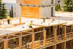 The products used in tall mass timber buildings are cross-laminated timber (CLT), glued-laminated timber (GluLam) and structural composite lumber (SCL).