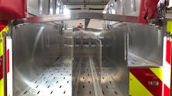 Aluminum hose bed covers flip up and out of the way for easy access to the hose bed. Hard surface covers also provide solid walking surface on top of the apparatus. Aluminum hose bed covers flip up and out of the way for easy access to the hose bed. Hard surface covers also provide solid walking surface on top of the apparatus.