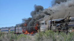 A tractor-trailer truck slammed into a Chicago-to-California Amtrak passenger train at a railroad crossing east of Reno, NV. A tractor-trailer truck slammed into a Chicago-to-California Amtrak passenger train at a railroad crossing east of Reno, NV.