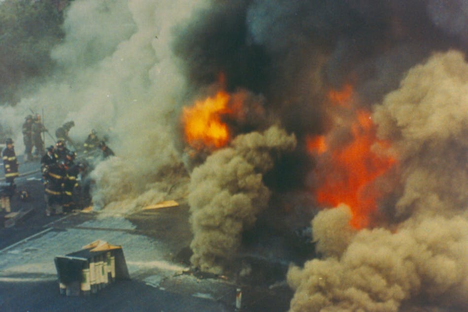 Firefighters operate on the roof of Waldbaum&apos;s Supermarket prior to a catastrophic collapse.