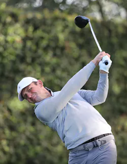 Matt Parziale tees off with a driver during a practice round for the Masters at Augusta National Golf Club in April 2018.