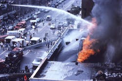 The rescue efforts in front of the store were particularly hazardous due to the front truss and the sloping hip rafters hanging precariously overhead. The rescue efforts in front of the store were particularly hazardous due to the front truss and the sloping hip rafters hanging precariously overhead.