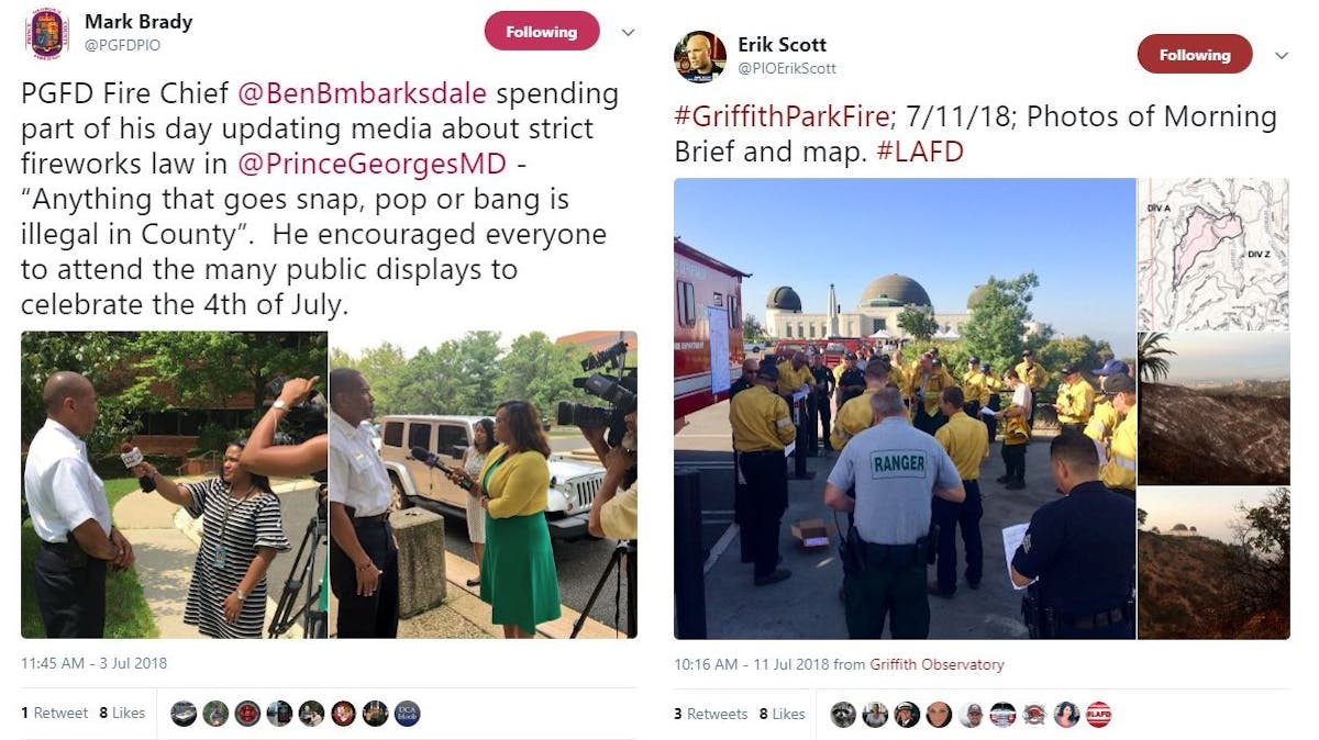 Recent tweets sent out by Prince George&apos;s County Fire &amp; EMS Department PIO Mark Brady, left, and Los Angeles Fire Department PIO Erik Scott, right.