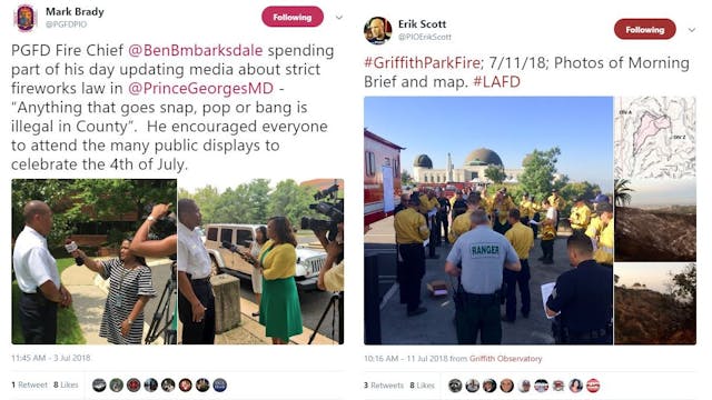 Recent tweets sent out by Prince George&apos;s County Fire &amp; EMS Department PIO Mark Brady, left, and Los Angeles Fire Department PIO Erik Scott, right.
