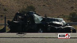 A mangled car that was involved in a multi-vehicle wreck that killed three people and injured two dozen others in Bernalillo, NM, on Sunday, July 15, 2018.
