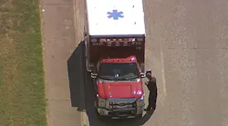 Some damage can be seen on the front of a Dallas Fire-Rescue ambulance involved in a wreck that hospitalized two firefighter/paramedics on Wednesday, July 25, 2018.
