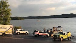 Emergency crews on scene after thirteen people were killed when a tourist boat capsized on a lake near Branson, MO, on Thursday, July 19, 2018.