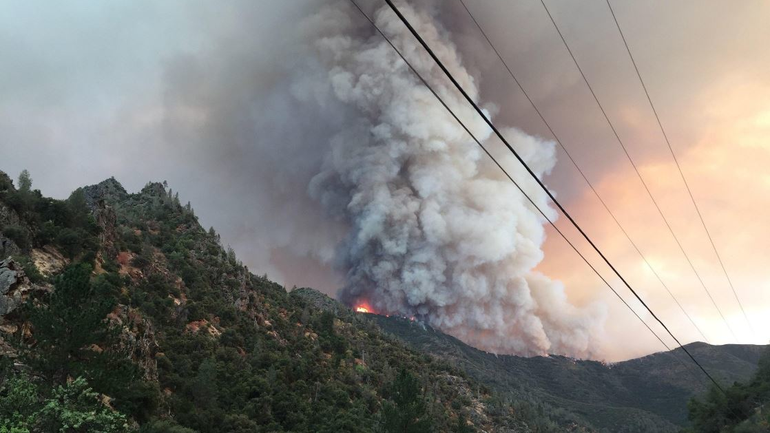 The rapidly growing Ferguson Fire burning west of Yosemite National Park near Mariposa, CA, on Monday, July 16, 2018.