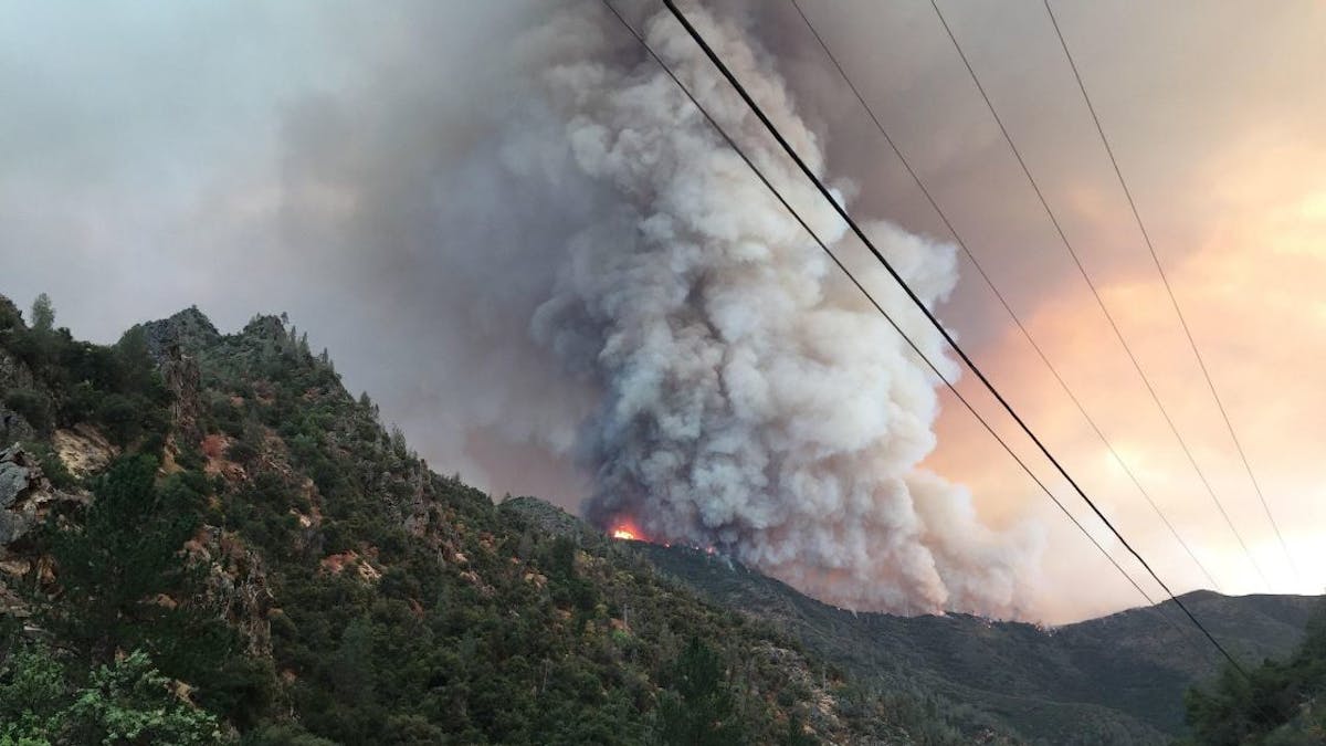 The rapidly growing Ferguson Fire burning west of Yosemite National Park near Mariposa, CA, on Monday, July 16, 2018.