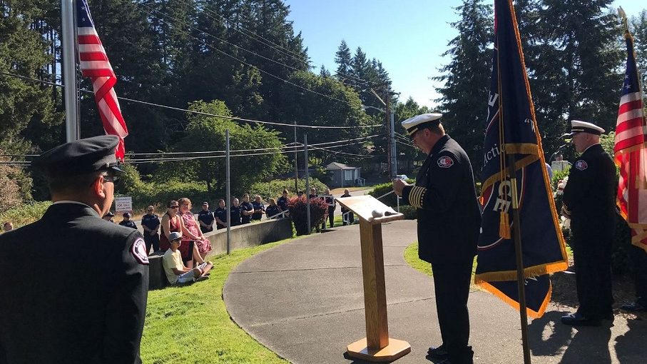 East Pierce Fire & Rescue Chief Bud Backer speaks during a ceremony to mark the 10th anniversary of former Chief Dan Parker's line-of-duty death on Thursday, July 26, 2018, in Bonney Lake, WA.