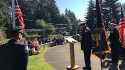 East Pierce Fire & Rescue Chief Bud Backer speaks during a ceremony to mark the 10th anniversary of former Chief Dan Parker's line-of-duty death on Thursday, July 26, 2018, in Bonney Lake, WA. East Pierce Fire & Rescue Chief Bud Backer speaks during a ceremony to mark the 10th anniversary of former Chief Dan Parker's line-of-duty death on Thursday, July 26, 2018, in Bonney Lake, WA.