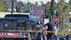 Emergency crews on scene during an armed standoff at a Trader Joe&apos;s in the Silver Lake region of Los Angeles that left one woman dead on Saturday, July 21, 2018.