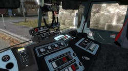A typical custom chassis pumper dashboard. Note the radios and equipment located on top of the instrument panel and above the windshield, which may impede the line of sight from the driver’s seat. A typical custom chassis pumper dashboard. Note the radios and equipment located on top of the instrument panel and above the windshield, which may impede the line of sight from the driver’s seat.