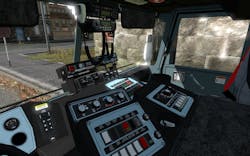 A typical custom chassis pumper dashboard. Note the radios and equipment located on top of the instrument panel and above the windshield, which may impede the line of sight from the driver&rsquo;s seat.