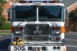 This heavy rescue from the Western Albemarle, VA, Rescue Squad was designed with a reinforced steel front bumper with a down-view mirror over the right side of the upper cab.