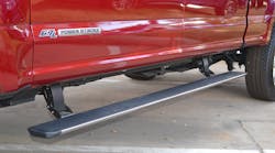 This lightweight, deployable running board, found on a 2018 Ford F-350, folds up underneath the vehicle when it is being driven and deploys to this position as passengers get in or out of the truck. It will not adequately support the weight of the truck so this running board should be not be used for stabilization. Photos by Ron Moore This lightweight, deployable running board, found on a 2018 Ford F-350, folds up underneath the vehicle when it is being driven and deploys to this position as passengers get in or out of the truck. It will not adequately support the weight of the truck so this running board should be not be used for stabilization. Photos by Ron Moore