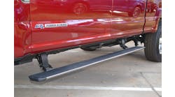 This lightweight, deployable running board, found on a 2018 Ford F-350, folds up underneath the vehicle when it is being driven and deploys to this position as passengers get in or out of the truck. It will not adequately support the weight of the truck so this running board should be not be used for stabilization. Photos by Ron Moore