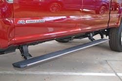 This lightweight, deployable running board, found on a 2018 Ford F-350, folds up underneath the vehicle when it is being driven and deploys to this position as passengers get in or out of the truck. It will not adequately support the weight of the truck so this running board should be not be used for stabilization. Photos by Ron Moore
