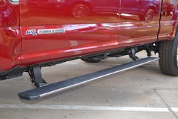 This lightweight, deployable running board, found on a 2018 Ford F-350, folds up underneath the vehicle when it is being driven and deploys to this position as passengers get in or out of the truck. It will not adequately support the weight of the truck so this running board should be not be used for stabilization. Photos by Ron Moore This lightweight, deployable running board, found on a 2018 Ford F-350, folds up underneath the vehicle when it is being driven and deploys to this position as passengers get in or out of the truck. It will not adequately support the weight of the truck so this running board should be not be used for stabilization. Photos by Ron Moore