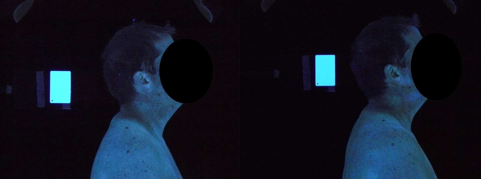 Two Fluorescent Aerosol Screening Test (FAST) images show the new Gore Particulate Hood donned properly (left) and then after 100 washes.