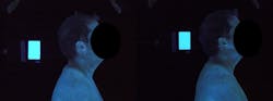 Two Fluorescent Aerosol Screening Test (FAST) images show the new Gore Particulate Hood donned properly (left) and then after 100 washes. Two Fluorescent Aerosol Screening Test (FAST) images show the new Gore Particulate Hood donned properly (left) and then after 100 washes.
