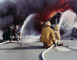 Early Martin County hazmat personnel applying foam on a flammable liquid tanker fire. Early Martin County hazmat personnel applying foam on a flammable liquid tanker fire.