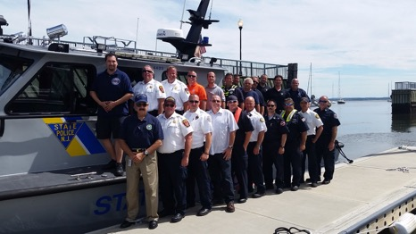 Members of the USCG, NJSP and NJRFTF pose for a group photo in Perth Amboy during port familiarization training in July 2017.