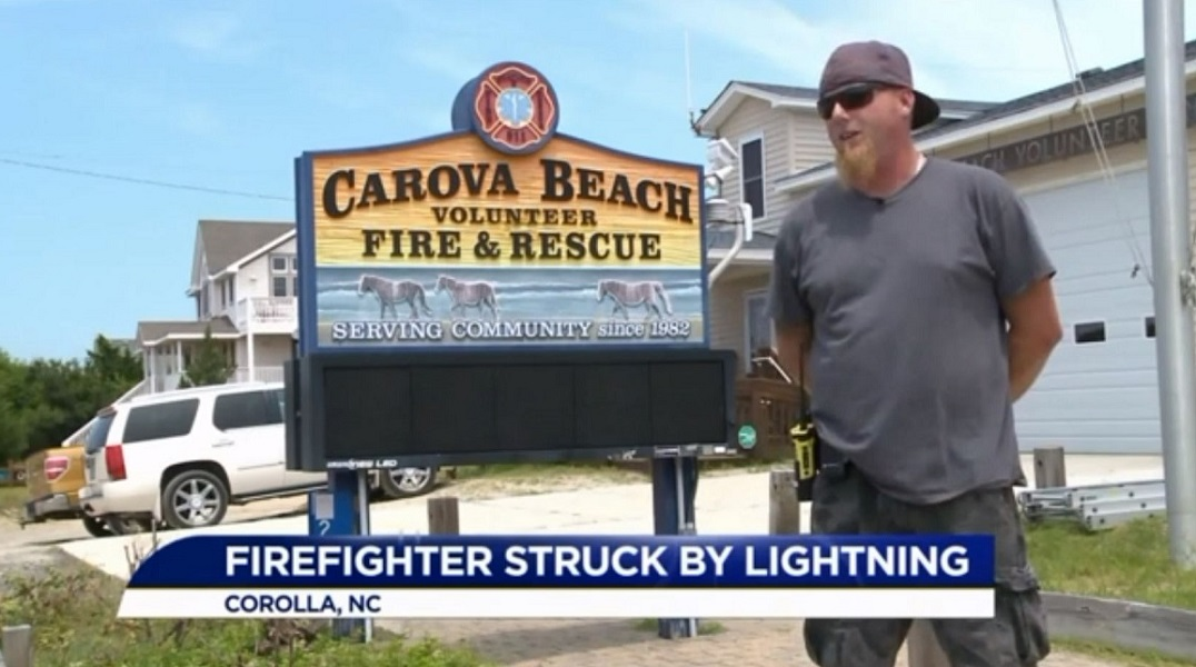 Carova Beach Fire & Rescue Chief Jay Laughmiller is interviewed a day after being hit by lightning while responding to a reported lightning strike and fire on Tuesday, July 17, 2018.