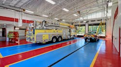 The station includes updated apparatus bays and a mezzanine level. The station includes updated apparatus bays and a mezzanine level.