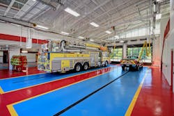 The station includes updated apparatus bays and a mezzanine level. The station includes updated apparatus bays and a mezzanine level.
