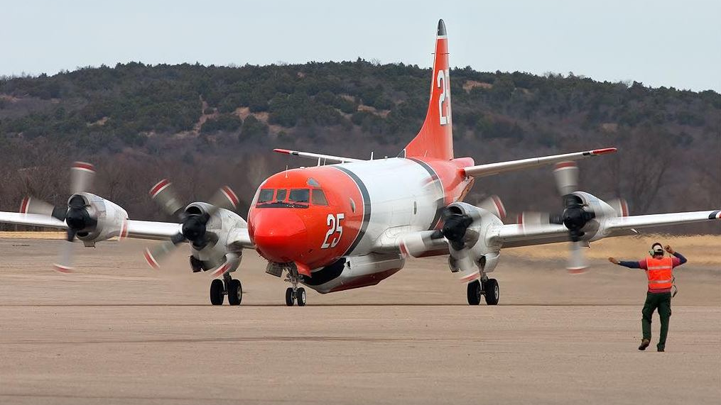 A Lockheed P-3 Orion converted into a firefighting airtanker by Airstrike Firefighters, LLC based out of Sacramento, CA.