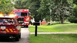 Firefighters on scene after a tree trimmer died from electrocution in Columbus, OH, on Wednesday, Aug. 29, 2018. Firefighters on scene after a tree trimmer died from electrocution in Columbus, OH, on Wednesday, Aug. 29, 2018.