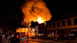 Crews battle a fire that was sparked by a truck crash in Frenchtown, NJ, on Monday, Aug. 13, 2018. Crews battle a fire that was sparked by a truck crash in Frenchtown, NJ, on Monday, Aug. 13, 2018.