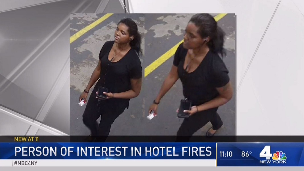 An unidentified woman whom police believe set fire to a room and several trash cans at a Times Square hotel on Tuesday, Aug. 28, 2018.