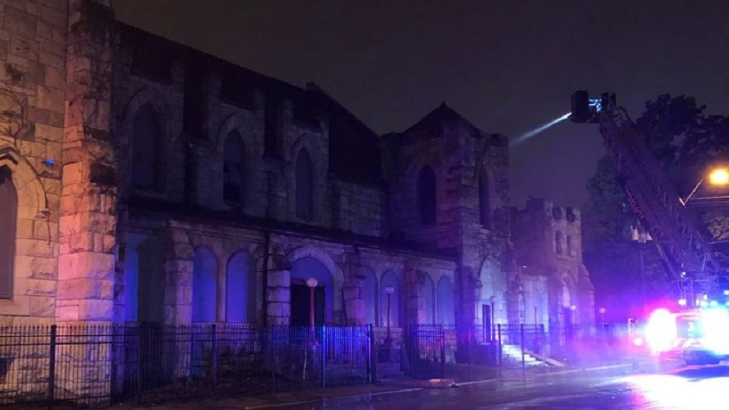 The vacant First Church of Christ Scientist in Kansas City, which was built in the late 1890s, during a fire on Monday, Aug. 20, 2018.