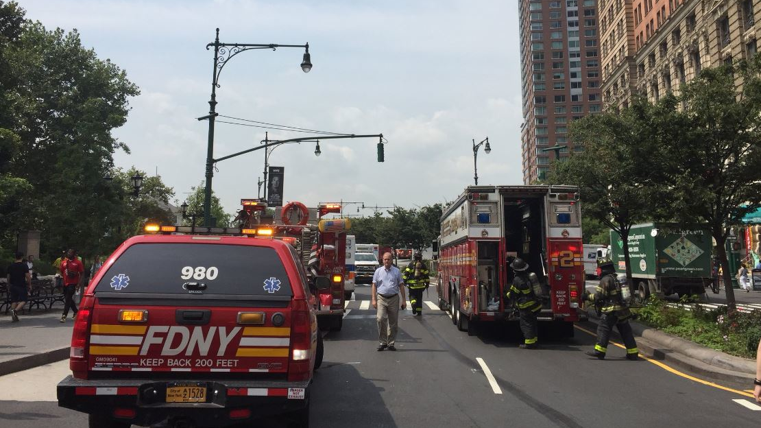 FDNY crews staging at Pier A in lower Manhattan after a fire broke out that forced the evacuation of over 3,400 people from Liberty Island on Monday, Aug. 27, 2018.