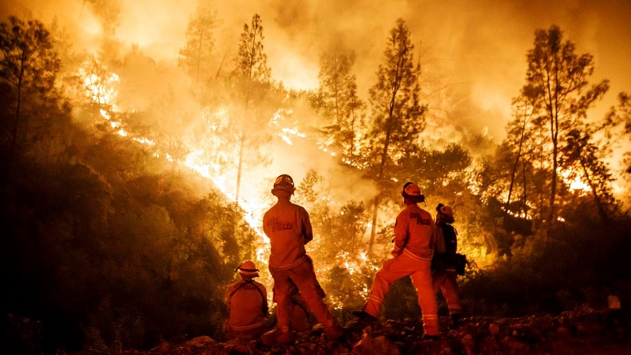 Cal Fire firefighters monitor a burn operation on top of a ridge near the town of Ladoga, CA, on Aug. 7, 2018.