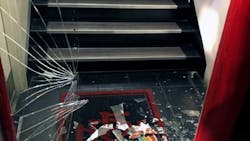 A shattered glass window on a door to a Modesto fire station where a man high on methamphetamine broke inside on Wednesday, Aug. 15, 2018. A shattered glass window on a door to a Modesto fire station where a man high on methamphetamine broke inside on Wednesday, Aug. 15, 2018.