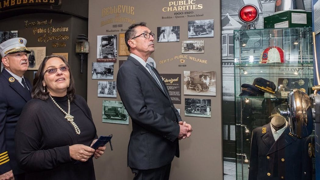 FDNY Commissioner Daniel Nigro, right, attends the reopening of the New York City EMS Museum at the FDNY EMS Academy on May 18, 2018.