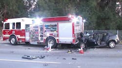 A Tesla sits crumpled against the back of a San Jose fire engine after a wreck on Saturday, Aug. 25, 2018. A Tesla sits crumpled against the back of a San Jose fire engine after a wreck on Saturday, Aug. 25, 2018.