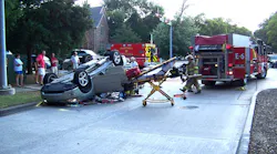 Command is established as the first-due company officer arrives. A walk-around size-up of the entire scene reveals that one of the two vehicles involved is a roof-resting SUV with one person trapped inside.