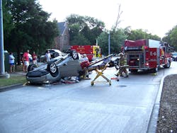 Command is established as the first-due company officer arrives. A walk-around size-up of the entire scene reveals that one of the two vehicles involved is a roof-resting SUV with one person trapped inside. Command is established as the first-due company officer arrives. A walk-around size-up of the entire scene reveals that one of the two vehicles involved is a roof-resting SUV with one person trapped inside.