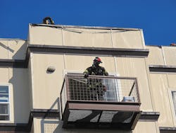When operating on the floor above, note any windows, doors, balconies, fire escapes, air conditioners, window bars/gates, plywood over window/doors.