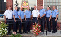 Members of Belvidere, IL, Fire Department Engine 102 and Ladder 150, from left: Captain Mark Zumbragel, Firefighter Jim Kriebs, Firefighter Jeff Vaughan, Firefighter Nic Thornton, Lt. Shawn Schadle, Firefighter Aaron Pihl, Firefighter Jason Swanson and Firefighter Mark Beck.