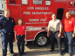 LAFD SOBER Unit (from left to right): Firefighter/Paramedic Eric Ingstad, Nurse Practitioner Nancy Richmond, Dr. Marc Eckstein and Case Manager Victor Chavez. LAFD SOBER Unit (from left to right): Firefighter/Paramedic Eric Ingstad, Nurse Practitioner Nancy Richmond, Dr. Marc Eckstein and Case Manager Victor Chavez.