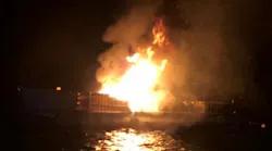 Photo Caption: One of three barges from which fireworks were launched at Lake Tahoe’s “Lights on the Lake” celebration caught fire in the early morning hours of July 5th. The Tahoe Douglas Fire Protection District quickly responded with Marine 24, its new Lake Assault fireboat. The fire, with flames reaching an estimated 30-feet tall, was extinguished in six minutes.