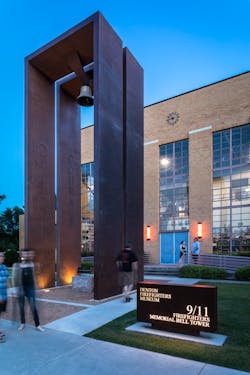 The 30-foot 9/11 memorial outside the Denton fire station includes an i-beam from the World Trade Center.