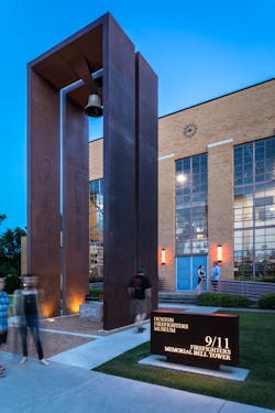 The 30-foot 9/11 memorial outside the Denton fire station includes an i-beam from the World Trade Center. The 30-foot 9/11 memorial outside the Denton fire station includes an i-beam from the World Trade Center.